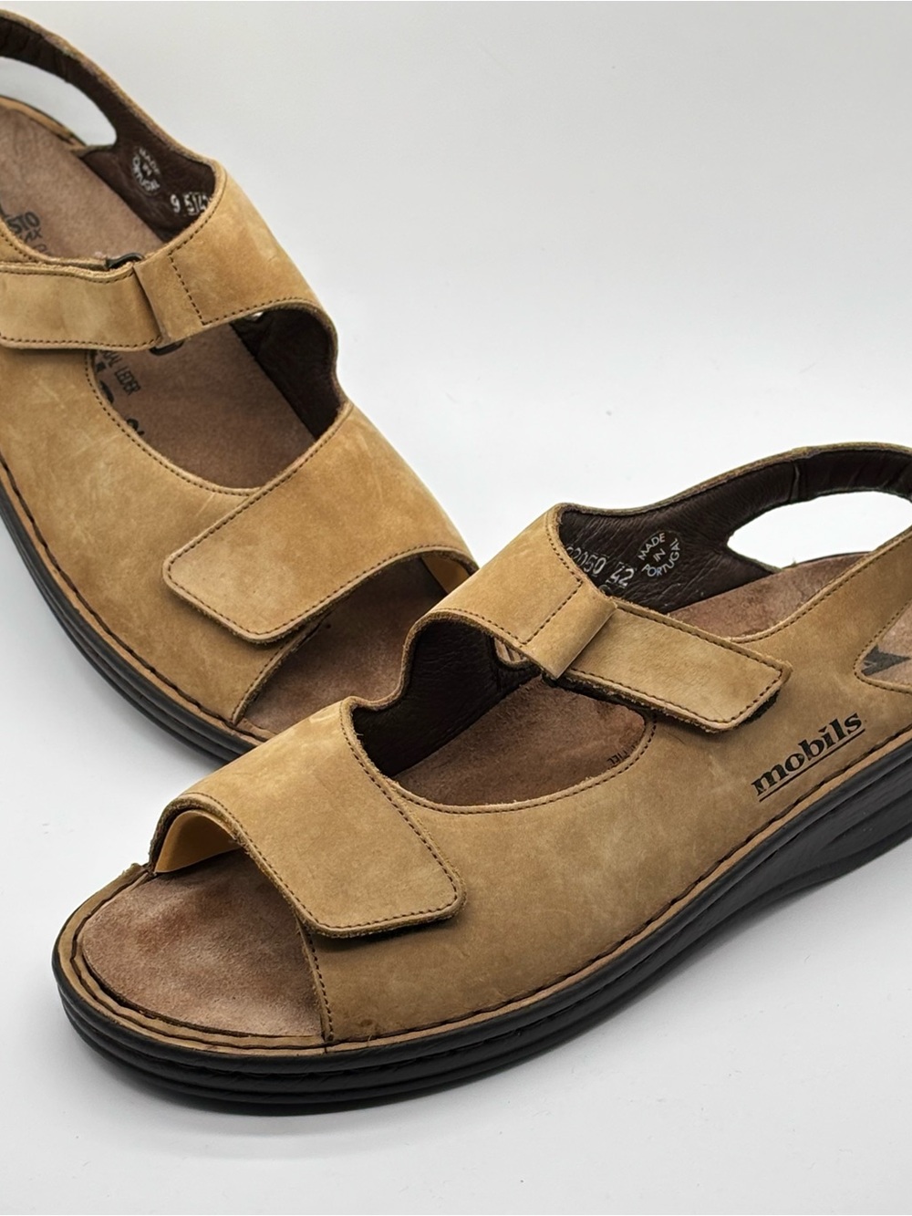 Mephisto Mobils Sandals Women Size 12 Tan Nubuck Leather Comfort Wedge Adjust 42